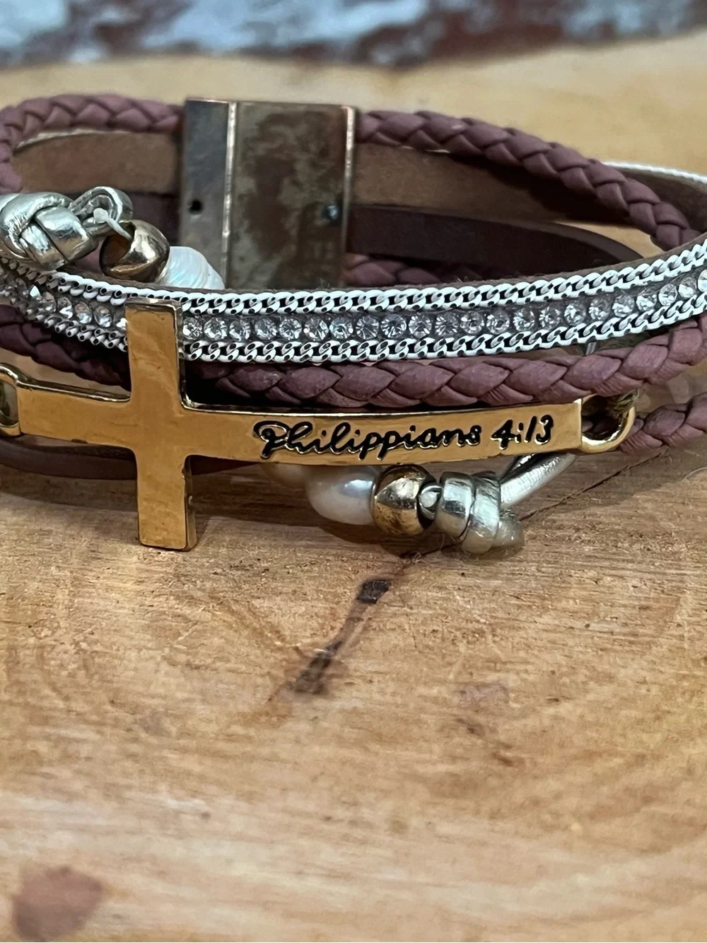 Layered Cross Cuff Bracelet with Rhinestones Pearl Accents Philippians 4:13